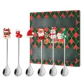 Weihnachten Edelstahl Löffel Set mit süßen Cartoon Anhängern in schöner Geschenkbox. - Löffel / 6-teilig (Grüne Weihnachtsbox) / Silber