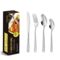 Edelstahl Besteckset mit Messer, Gabel und Löffeln in luxuriöser schwarzer Geschenkbox. - 4-Teiliges Set (mit Geschenkbox) / Silber