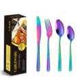Regenbogen Edelstahl Besteck Set, inklusive Messer, Gabel und Löffel für die westliche Küche. - 4-Teiliges Set (mit Geschenkbox) / AB-Farbe