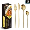 Set posate 24 pezzi oro in acciaio inossidabile lusso coltello forchetta cucchiaio - Set da 24 pezzi oro con scatola nera