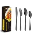 Mattes schwarzes Edelstahl Besteck Set mit Messer Gabel Löffel und Luxus Geschenkbox. - 4-Teiliges Set (mit Geschenkbox) / Schwarz