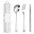 Portable stainless steel cutlery set with spoon, fork, chopsticks and clear storage case. - Spoon Fork And Chopsticks / Three-Piece Set / Silver