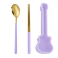 Portable stainless steel cutlery set with guitar case, gold spoon and chopsticks. - Gold Spoon & Chopsticks (Purple Case)