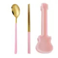 Portable guitar-shaped tableware set with 304 stainless steel spoon and chopsticks. - Gold Spoon & Chopsticks (Pink Case)