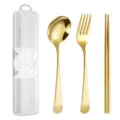 Portable gold stainless steel cutlery set with case, spoon fork chopsticks for students. - Spoon Fork And Chopsticks / Three-Piece Set / Gold