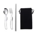 Set di posate pieghevoli in acciaio inossidabile con cucchiaio, forchetta, bacchette. - Cucchiaio, forchetta e bacchette con sacchetto nero