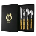 Edelstahl Besteckset mit Bambusgriff, 4-teiliges Set mit Steakmesser, Gabel und Löffeln. - Silberfarbenes 4-teiliges Set + Geschenkbox