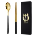 Set di posate in acciaio inossidabile nero e oro con cucchiaio bacchette e scatola - Cucchiaio + bacchette / nero e oro