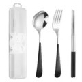 Portable 304 stainless steel cutlery set with spoon fork chopsticks and clear storage box. - Spoon Fork And Chopsticks / Three-Piece Set / Black Silver