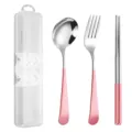 Portable 3-piece stainless steel tableware set with pink handle, spoon, fork, chopsticks & box. - Spoon Fork And Chopsticks / Three-Piece Set / Pink Silver
