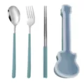 Portable stainless steel cutlery set with guitar shaped case, spoon, fork and chopsticks. - Silver Spoon Fork & Chopsticks (Green Case)