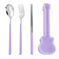 Portable guitar stainless steel cutlery set with purple case, spoon, fork, and chopsticks. - Silver Spoon Fork & Chopsticks (Purple Case)