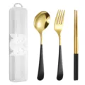 Portable 3pcs stainless steel tableware set with gold spoon fork chopsticks and clear box. - Spoon Fork And Chopsticks / Three-Piece Set / Black & Gold