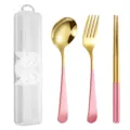 Portable 304 stainless steel tableware set with spoon fork chopsticks and clear storage case. - Spoon Fork And Chopsticks / Three-Piece Set / Pink Gold