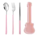 Portable stainless steel cutlery set with a cute pink guitar shaped storage case spoon fork chopsticks - Silver Spoon Fork & Chopsticks (Pink Case)