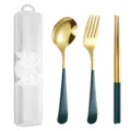 Portable 3-piece stainless steel cutlery set with gold spoon fork chopsticks and case. - Spoon Fork And Chopsticks / Three-Piece Set / Green and Gold