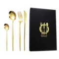 Ensemble de couverts en acier inoxydable doré avec un coffret cadeau noir 4 pièces - Or Couteau Fourchette Cuillère Cuillère à Café Ensemble de Quatre Pièces