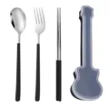Portable stainless steel spoon fork chopsticks set with creative guitar storage case for travel. - Silver Spoon Fork & Chopsticks (Black Case)