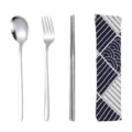 Set di posate portatili in acciaio inox 304 con cucchiaio, forchetta, bacchette e borsa. - Cucchiaio Forchetta E Bacchette / Borsa in Tessuto Giapponese / Colore naturale