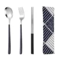 Set di posate portatile in acciaio inossidabile con cucchiaio, forchetta, bacchette e astuccio. - Cucchiaio Forchetta E Bacchette / Borsa in Tessuto Giapponese / argento nero
