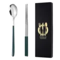 Set di cucchiaio e bacchette in acciaio inossidabile con manico verde e scatola regalo. - Cucchiaio + bacchette / verde e argento