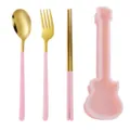 Portable guitar tableware set with stainless steel spoon fork and chopsticks in pink case. - Gold Spoon Fork & Chopsticks (Pink Case)