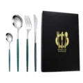 Stainless steel cutlery set with dark green handles, 4-piece tableware in gift box. - Green Silver Knife Fork Spoon Tea Spoon Four-Piece Set