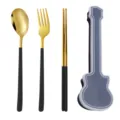 Guitar portable stainless steel cutlery set spoon fork chopsticks black gold 3pcs - Gold Spoon Fork & Chopsticks (Black Case)