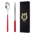 Set di posate coreane in acciaio inossidabile con cucchiaio e bacchette manico rosso. - Cucchiaio + bacchette / rosso e argento