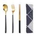 Set di stoviglie portatili in acciaio inossidabile coreano con cucchiaio, forchetta e astuccio. - Cucchiaio Forchetta E Bacchette / Borsa in Tessuto Giapponese / nero e oro