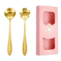 Stainless steel gold coffee spoon set with rose and cherry blossom design in pink gift box. - Cherry Blossom & Rose Spoon (Pink Box) / 2PCS