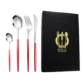 Stainless steel cutlery set with elegant red handles and gift box, durable four-piece flatware. - Red Silver Knife Fork Spoon Tea Spoon Four-Piece Set