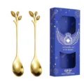 Stainless steel gold leaf coffee spoon gift set, exquisite tableware two-piece variant. - Leaf Spoon (Blue Box) / 2PCS