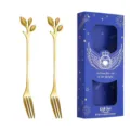 Stainless steel gold leaf fork set with blue gift box, elegant tableware for wedding gifts. - Leaf Fork (Blue Box) / 2PCS