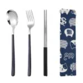Set di posate coreane in acciaio inox, variante manico nero cucchiaio forchetta con borsa gatto - Cucchiaio Forchetta E Bacchette / Borsa Gatto Carino / argento nero