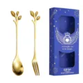 Gold leaf stainless steel spoon fork set with elegant gift box for coffee dessert tableware. - Leaf Spoon & Fork (Blue Box) / 2PCS