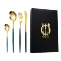 Stainless steel cutlery set with gold finish and dark green handles in a black gift box. - Green Gold Knife Fork Spoon Tea Spoon Four-Piece Set