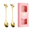 Gold leaf stainless steel coffee spoon set of two with pink gift box for wedding gifts. - Leaf Spoon (Pink Box) / 2PCS