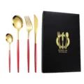 Stainless steel cutlery set with red handle and gold finish, 4-piece variant pack - Red Gold Knife Fork Spoon Tea Spoon Four-Piece Set