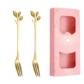 Stainless steel gold leaf fork gift set with a pink window gift box for wedding party. - Leaf Fork (Pink Box) / 2PCS