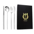 Stainless steel cutlery set with black gift box, four-piece tableware including fork and spoon. - Silver Knife Fork Spoon Chopsticks Four-Piece Set