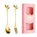 Gold stainless steel leaf spoon and fork tableware set packed in a pink gift box variant - Leaf Spoon & Fork (Pink Box) / 2PCS