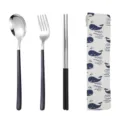 Set di posate portatili coreane cucchiaio forchetta bacchette in acciaio 304 con custodia - Cucchiaio Forchetta E Bacchette / Borsa Balena Bianca Blu / argento nero