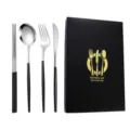 Stainless steel cutlery set with black gift box including chopstick spoon fork and knife. - Black Silver Knife Fork Spoon Chopsticks Four-Piece Set
