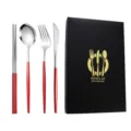 Stainless steel cutlery set with red handles, including chopsticks, spoon, fork, knife, and a gift box. - Red Silver Knife Fork Spoon Chopsticks Four-Piece Set