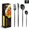 set di posate in acciaio inossidabile nero 24 pz coltello forchetta cucchiaio cucina - Set da 24 pezzi nero con scatola nera