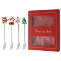 Weihnachtslöffel Set mit süßen Figuren, Edelstahl Besteck mit Geschenkbox für Feiertage. - Gabel / 4-teilig (Rote Glücksbox) / Silber
