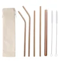 Set de pajitas de metal reutilizables con bolsa, pajitas de acero inox 304 y cepillos de limpieza. - Bolsa Blanca + Juego de 7 Piezas / Juego de 7 / Rosa oro