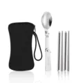 Tragbares Edelstahl Klapploeffel und Essstaebchen Set mit schwarzer Tasche fuer Outdoor Reisen. - Löffel + Stäbchen / Schwarze Aufbewahrungstasche