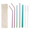 Juego de pajitas de acero inoxidable arcoíris con cepillo de limpieza y bolsa de tela. - Bolsa Blanca + Juego de 7 Piezas / Juego de 7 / Blanco AB